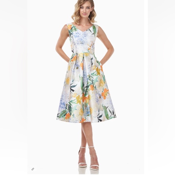 Kay Unger Irene Floral Print Mikado Cocktail Midi Dress Size 12 New - Picture 1 of 13